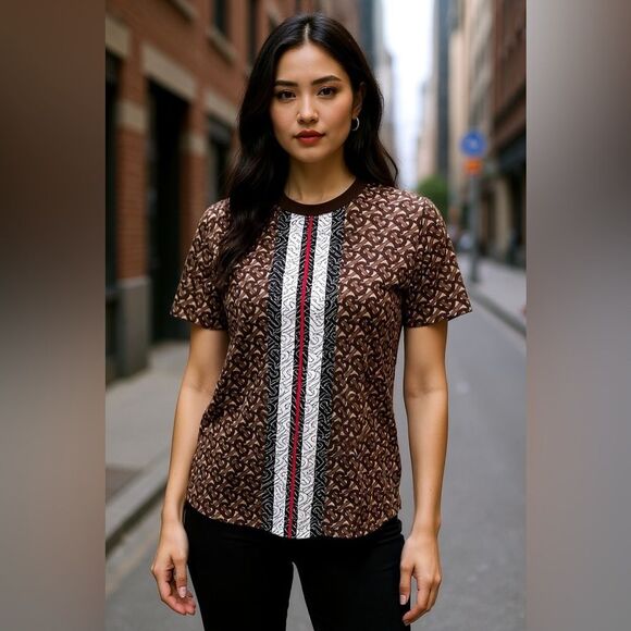Burberry Unisex Brown and Black Patterned Short Sleeve Tee - Picture 1 of 6